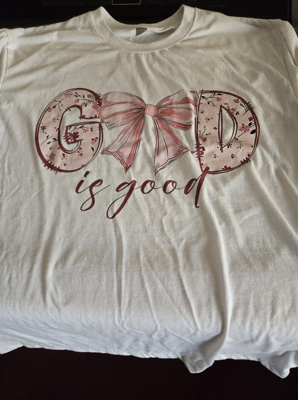 White Women's T-Shirt with Pink Floral "God is Good" Graphic
